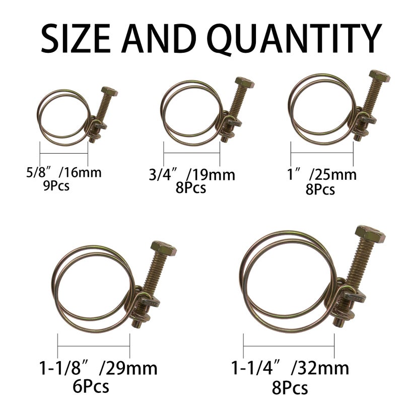 Rrina 39Pcs Adjustable Steel Double Wire Tube Hose Clamps Assortment Kit  5 Sizes 3/4""  5/8""  1""  1-1/8""  1-1/4"" - Image 2